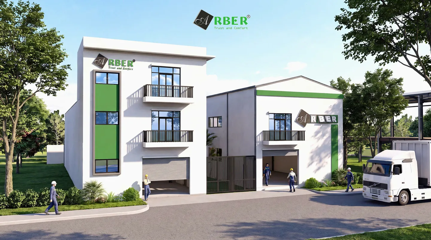 Phối cảnh kho hàng mới của ARBER: khối văn phòng ba tầng sọc xanh cạnh nhà kho mái dốc, xe container đỗ trước cổng