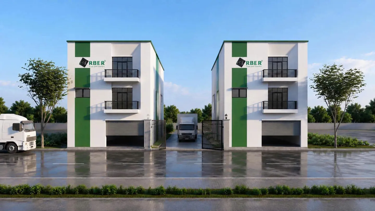 Phối cảnh hai khối nhà ba tầng sọc xanh của kho hàng ARBER tại Bắc Ninh