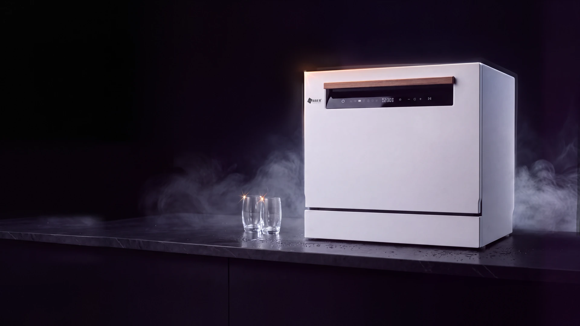 Máy rửa bát để bàn Arber ABMRB06 trên mặt đá tối, làn hơi nước mỏng lan ra từ phía sau máy